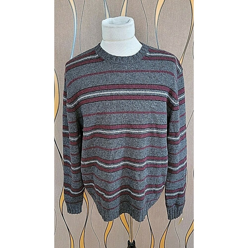 GAP 100% Lamb's Wool Men's Gray/Red Striped Round Neck Pullover Size XL-XXL # 15